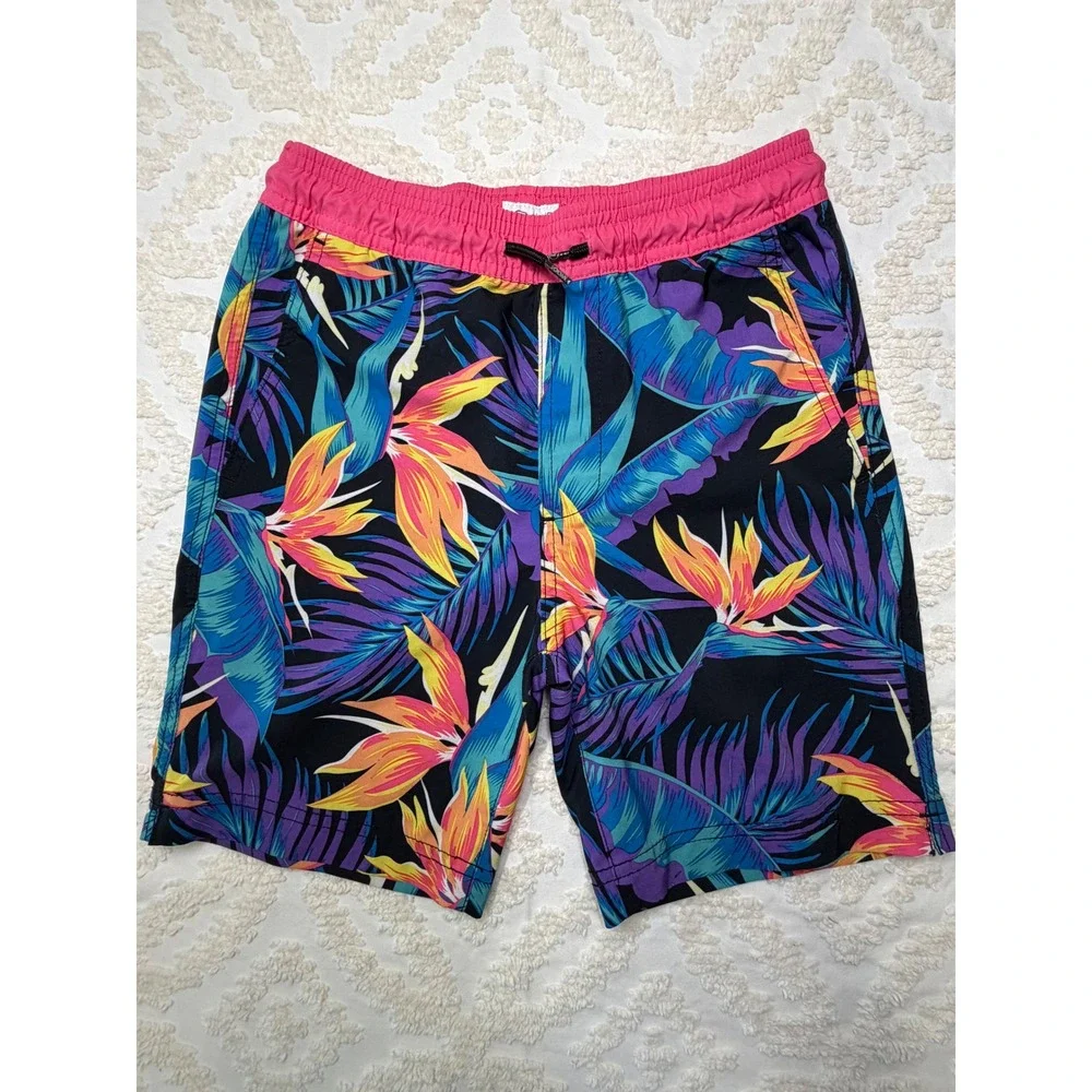 Blue Crown Tropical Bird of Paradise Swim Trunks Pink Black M Kids Beach Surf - Picture 1 of 14
